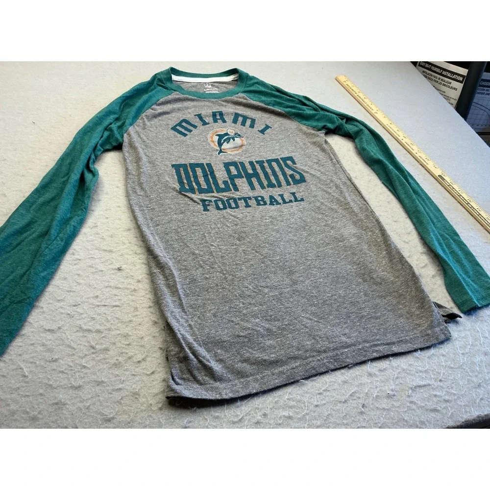 NFL Miami Dolphins Raglan Long Sleeve Shirt Graphic Tee Youth XL Gray Aqua